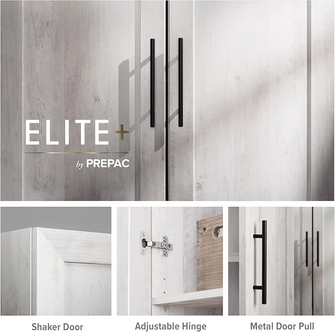 Prepac Elite Storage Accent Cabinet with Panel Doors, Rustic White Cupboard, Bathroom Cabinet, Pantry Storage with 3 Shelves 16.75" D x 32" W x 65" H