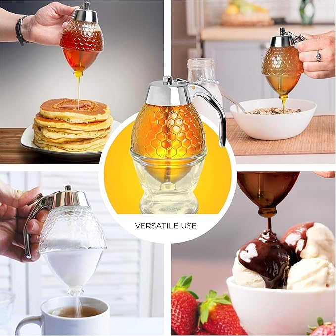 Hunnibi 8oz No Drip Glass Honey Dispenser with Plastic Top - Honeycomb-Style Syrup Server and Bee-Themed Storage Jar with Stand - 6" Clear Container for Honey, Maple Syrup
