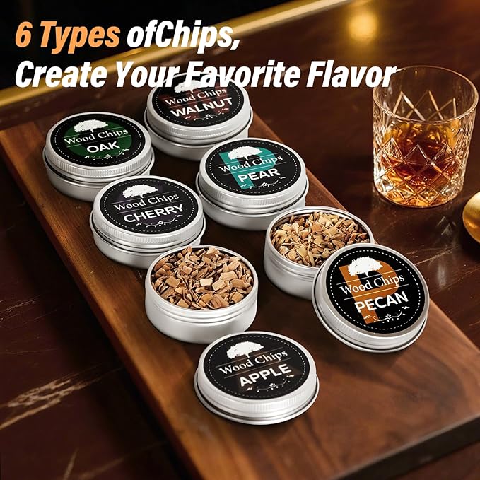 Electric Whiskey Smoker Kit with 6 Wood Chips | Flameless Drink Smoker for Cocktail, Old Fashioned & Bourbon | No Butane Needed - Bourbon Whiskey Gifts for Men, Dad