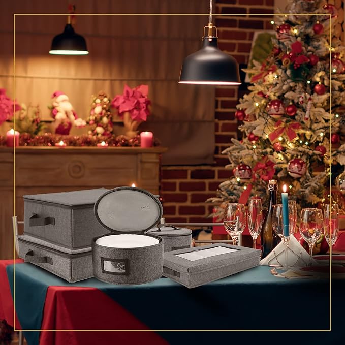 HOMELUX THEORY Platter Storage with Lid, Hard Shell China Storage Containers, Heavy Duty Dinnerware Storage Box with 5 Felt Pads and Thick Surface for Dishes and Dinner Plate, Move Out Essentials