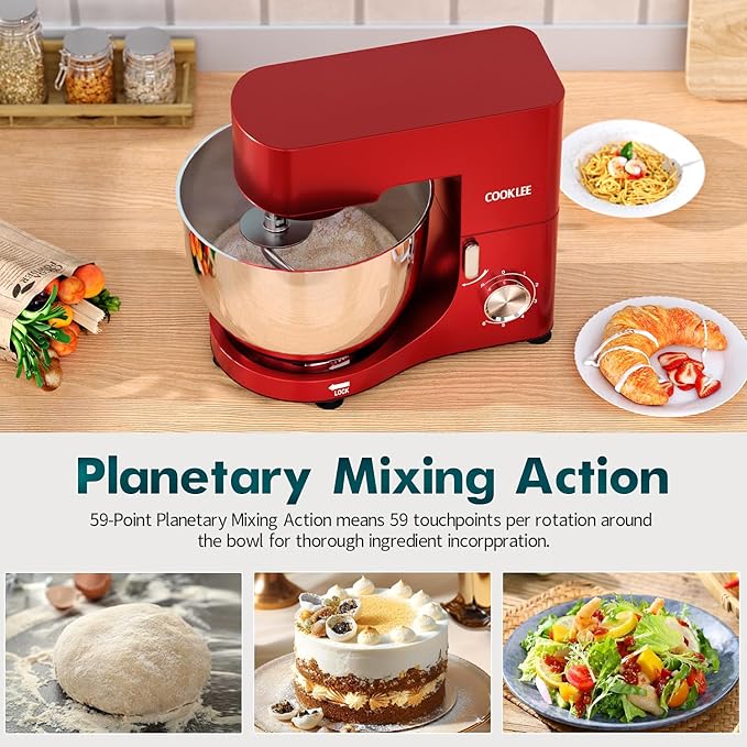 COOKLEE Stand Mixer, 9.5 Qt. 660W Electric Kitchen Mixer with Dishwasher-Safe Dough Hooks, Flat Beaters, Wire Whip & Pouring Shield Attachments for Most Home Cooks, Red