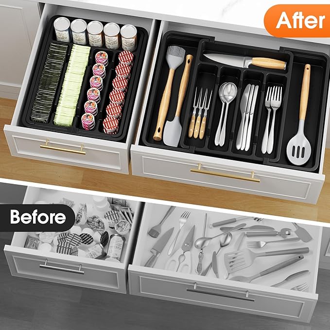 Silverware Organizer，Adjustable & Expandable Utensil Drawer Organizer, BPA Free Utensil Holder, Cutlery Tray for Forks, Spoons, Knives in Kitchen, Medium, Black