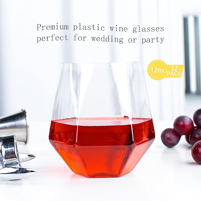 LUODA 32 Pack Clear Plastic Stemless Wine Glasses, 12 Oz Clear Plastic Diamond Glasses, Disposable Whiskey Glasses for Birthday, Housewarming Wine Glasses For White Wine