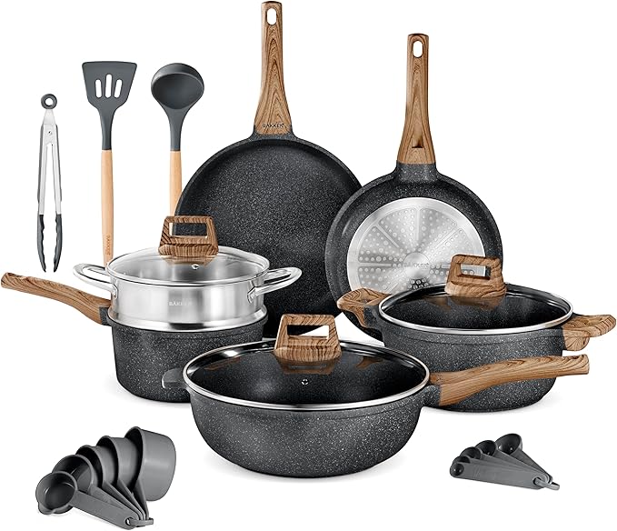 Bakken-Swiss 14-Piece Kitchen Cookware Set – Granite Non-Stick – Eco-Friendly – for All Stoves & Oven-Safe - Marble coatin