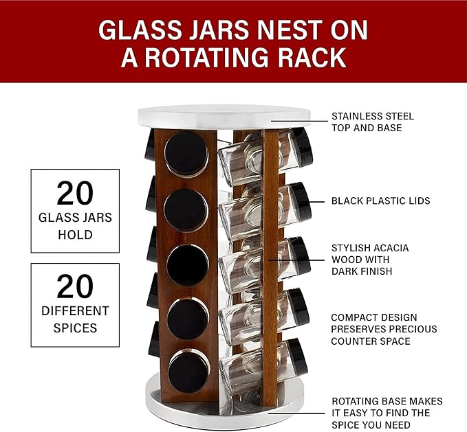 Orii Dark Acacia Wood Spice Rack with 20 EMPTY jars with Black Plastic Lids and FREE Stainless Steel Funnel & Labels