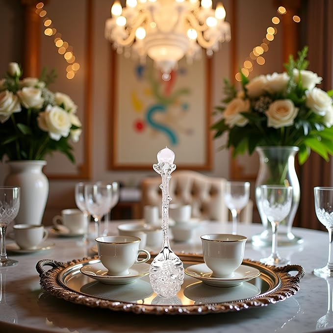 Crystal Coffee Spoon Vintage Floral Carved Long Handle Ice Cream Tea Spoon,Silver Diamond RHinestone