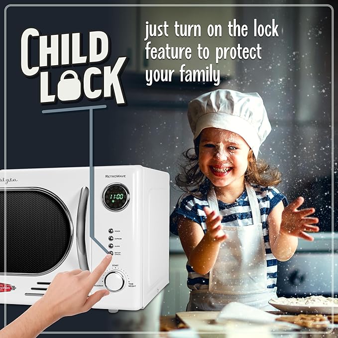 Nostalgia NRMO11WH6A 1000 Watt Power Retro Countertop Microwave Oven Easy to Clean with Removable Glass Turntable-Child Safety Lock-12 Programs-Digital Clock, 1.1 Cu. Ft, White