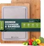 Double-Sided 100% Titanium Cutting Board with Bamboo Charcuterie Side – Pure Titanium Cutting Boards for Kitchen – Large(16"x12") Elegant Cutting Board w/Juice Groove & Wood Presentation Surface