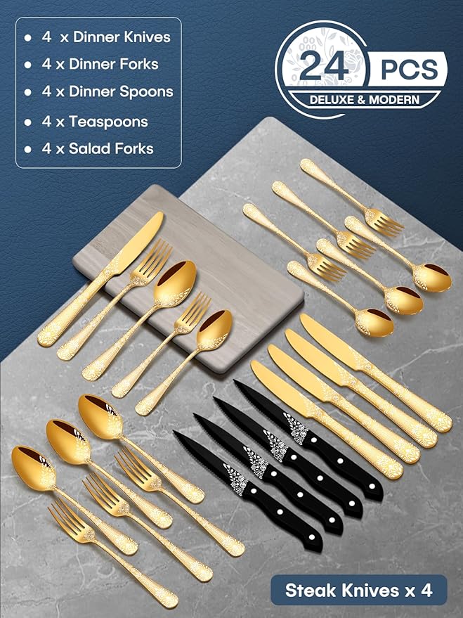 EUIRIO 24-Piece Gold Silverware Set with Steak Knives, Stainless Steel Flatware Set for 4, Mirror Gold Cutlery with Unique Floral Laser, Includes Spoons, Forks, Knives, Dishwasher Safe