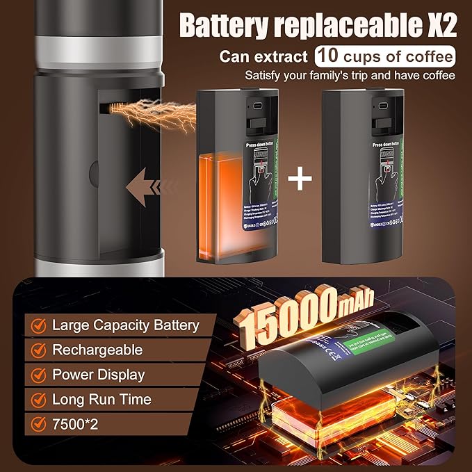 Portable Coffee Machine w/ 2 Rechargeable Batteries, 8 Cups, 80ml Self-Heating, 20bar, USB-C, Espresso coffee Maker for Camping Travel Office, Ground & Capsule Compatible