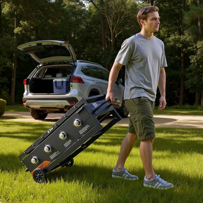 VEVOR Gas Griddle, 4-Burner Flat Top Grill, 36 inch Grill Plate Foldable Propane Griddle with Wheels, 60000 BTU Outdoor Flat Top Grills for Pan-Frying, Grilling, Stir-Frying, & BBQ, Pulse Ignition