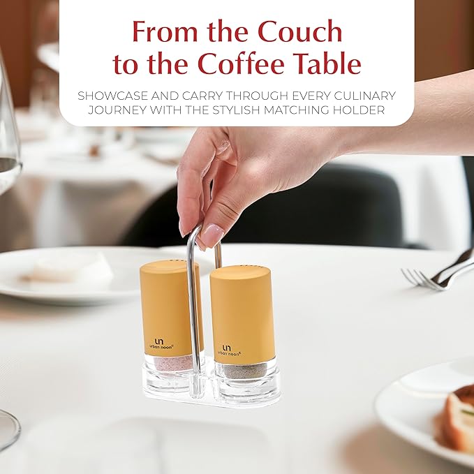 Yellow Salt and Pepper Shakers with Holder - Elegant Stainless Steel Salt Shaker and Pepper Shaker Set with Acrylic Holder for Kitchen Counter or Restaurant Table