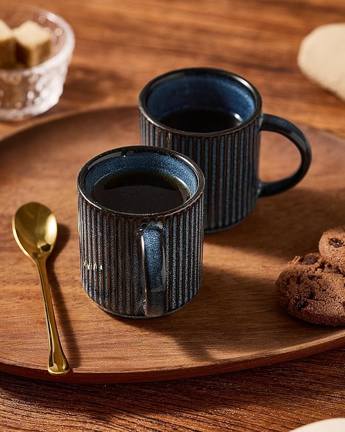 famiware Star Espresso Cups and Saucers Set of 4, [ Mini ] 3 oz Ceramic Small Coffee Mug with Handle, Ribbed Stoneware Demitasse Cup for Tea, Latte - Microwave & Dishwasher Safe - Nebulas Blue