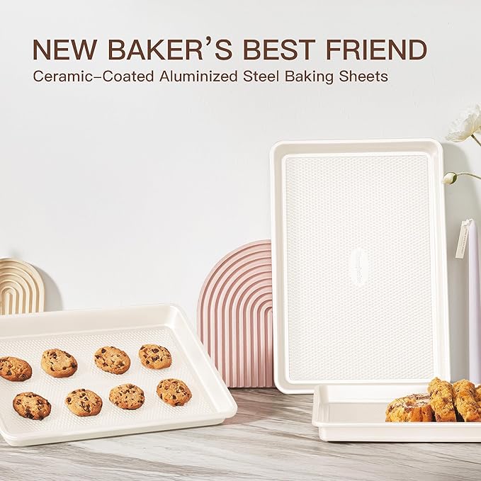 HONGBAKE 3 Pack Nonstick Ceramic Baking Sheet Pan Set for Oven, Non-Toxic Half/Quarter/Jelly Roll Pans with Diamond Texture, Heavy Duty 0.8mm Thick Aluminized Steel Cookie Trays for Cooking, Cream