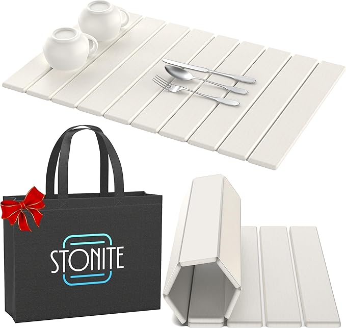 Stone Drying Mat for Kitchen Counter W/ Tote Bag, Large Stone Dish Drying Mat Foldable, Absorbent Diatomaceous Quick Dry Stone Mat Kitchen Dishes Bottles Cups Bathroom Any Countertop 23" x 15.3"