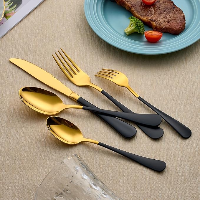20-Piece Black and Gold Silverware Set 18/0 Stainless Steel Silverware Set Black Handle Cutlery Set Service for 4 Dinner Knives Forks Spoons Set Flatware Set Finish Dishwasher Safe