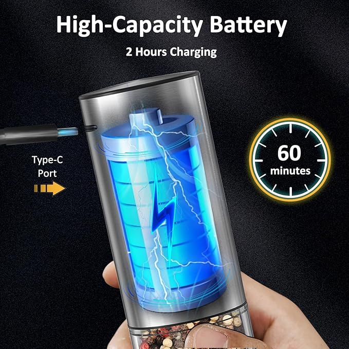 Electric Salt and Pepper Grinder Set Rechargeable, Auto One-handed Operation Pepper Mill with LED Light, EXT. Coarseness Adjustment, 2-Speed Control, Stainless Steel Salt Shakers (2 Pack)