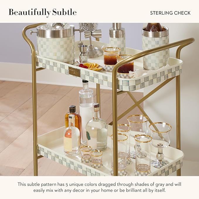 MACKENZIE-CHILDS Tumbler Glasses, Elegant Drinkware, Glasses with Gold Rim, 8 Ounces, Set of 2, Gray-and-White Sterling Check