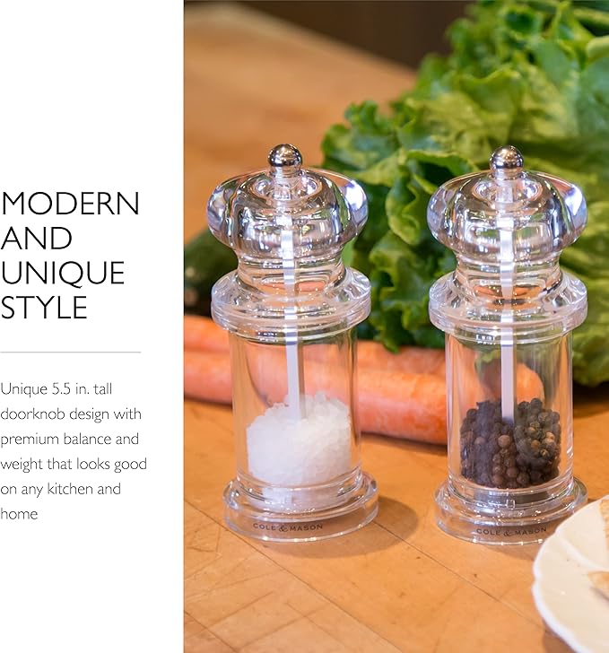 COLE & MASON 505 Salt and Pepper Grinder Set - Clear Acrylic Mills Includes Precision Mechanisms and Premium Sea Salt and Peppercorns