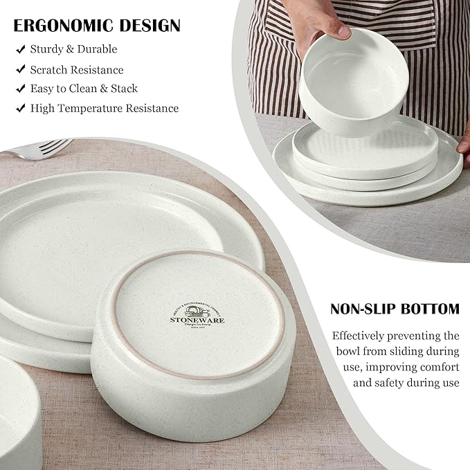 E-far Dinnerware Sets for 8, 24-Piece Stoneware Plates and Bowls Set, Modern Kitchen Dinning Dishware, Chip and Scratch Resistant, Microwave & Dishwasher Safe, Speckled White