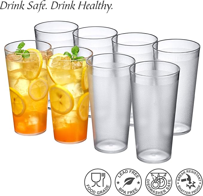 Amazing Abby - Cafely - 24-Ounce Plastic Tumblers (Set of 8), Plastic Drinking Glasses, Restaurant-Style Tumblers, Commercial-Grade Cups, Stackable, BPA-Free, Shatter-Proof, Dishwasher-Safe, Clear