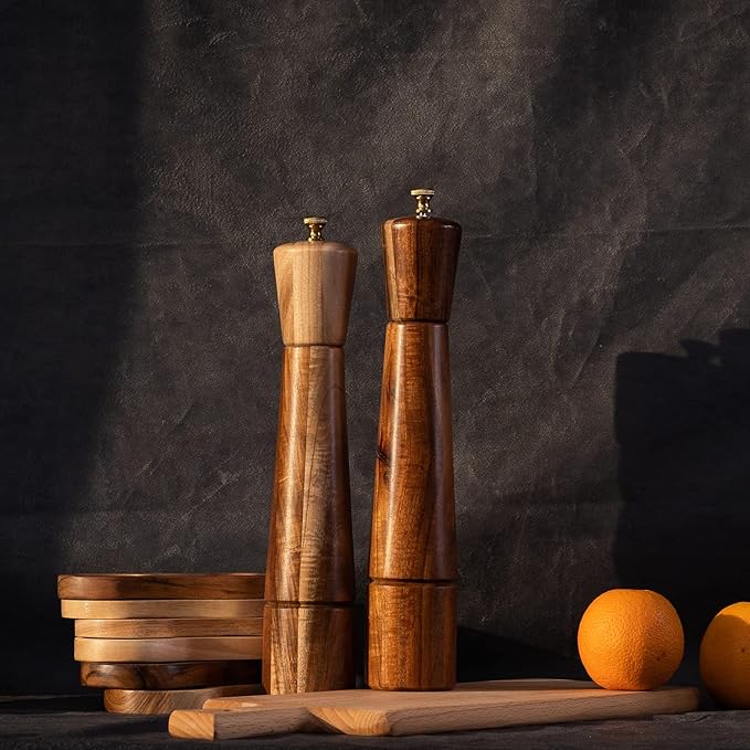 Salt and Pepper Mill Set, Adjustable Ceramic Grinder Salt Mill, Stainless Steel Grinder Pepper Mill, Acacia Wood, 32 cm / 12 inch Height, Bottom Dia 6cm (Tray is NOT Included)