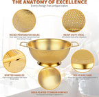 Golden Colander, 3QT Durable Stainless Steel Stainer for Pasta Noodle Rice Food Vegetables, Metal Drainer With Food Grade Surface For Easy Straining(Gold, 3QT)