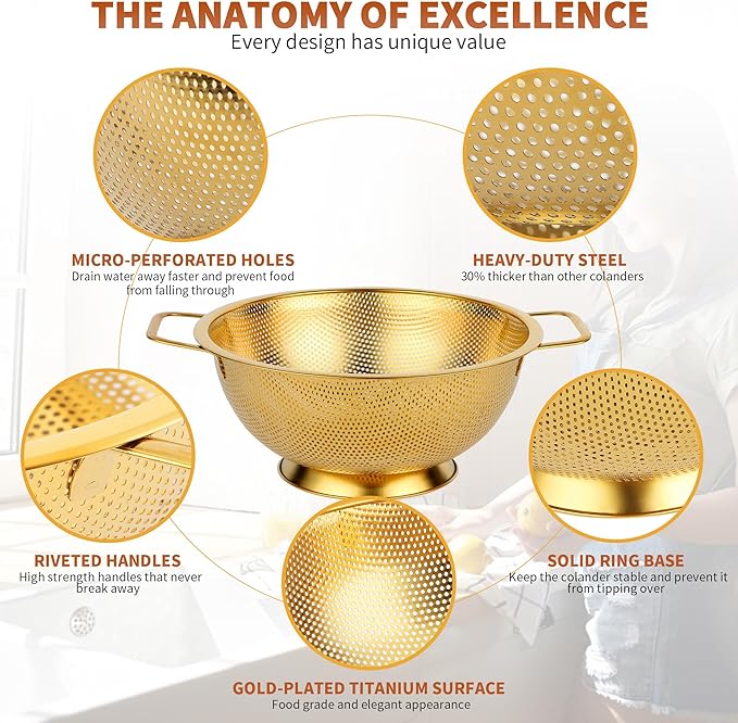 Golden Colander, 3QT Durable Stainless Steel Stainer for Pasta Noodle Rice Food Vegetables, Metal Drainer With Food Grade Surface For Easy Straining(Gold, 3QT)