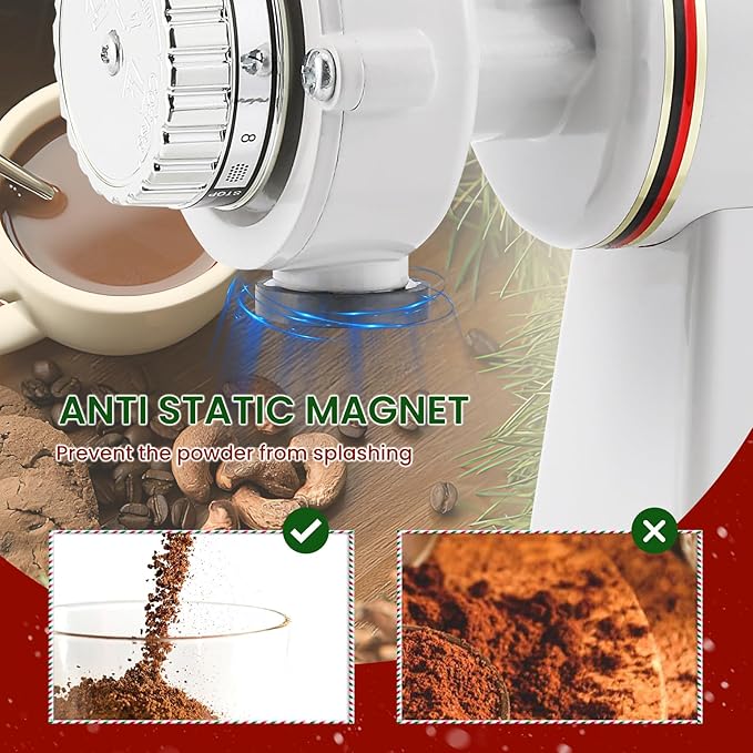 Burr Coffee Grinder Electric Espresso Grinder Commercial & Homeuse Silent Small Coffee Bean Grinder with Hopper Adjustable Grind, With Brush, Spoon, White