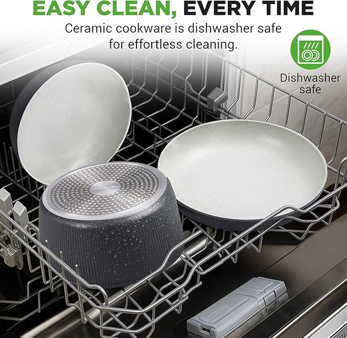 NutriChef 18-Piece Ceramic Cookware Set with Detachable Handles, Non Stick Pots and Pans, PTFE-Free Natural Ceramic Coating, Space-Saving Design, Oven & Stove Safe, Includes Utensils