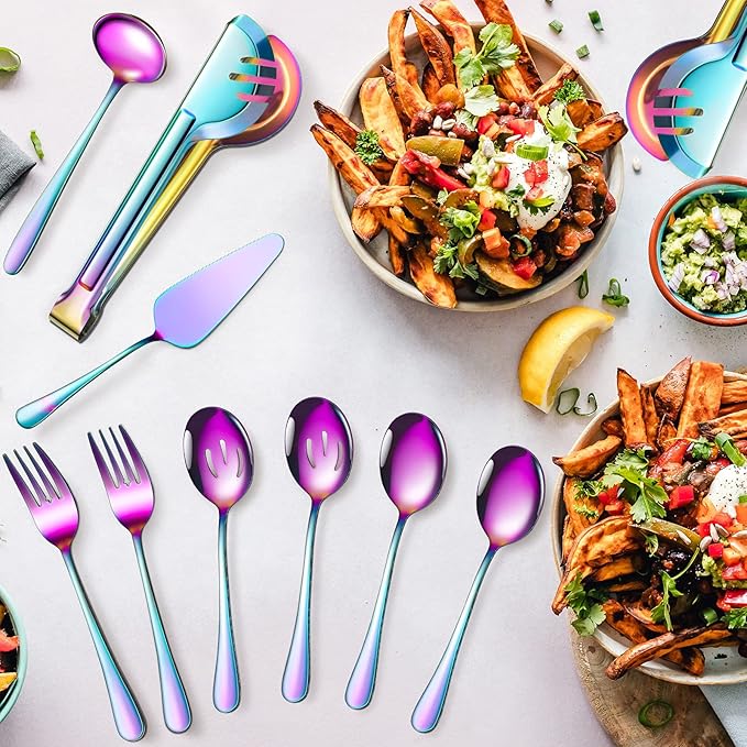Patelai Serving Utensils Set Include Stainless Steel Large Spoons Slotted Spoons Forks Tongs Soup Ladle and Pie Server for Parties Buffet Catering, Dishwasher Safe(Rainbow,10 Pieces)