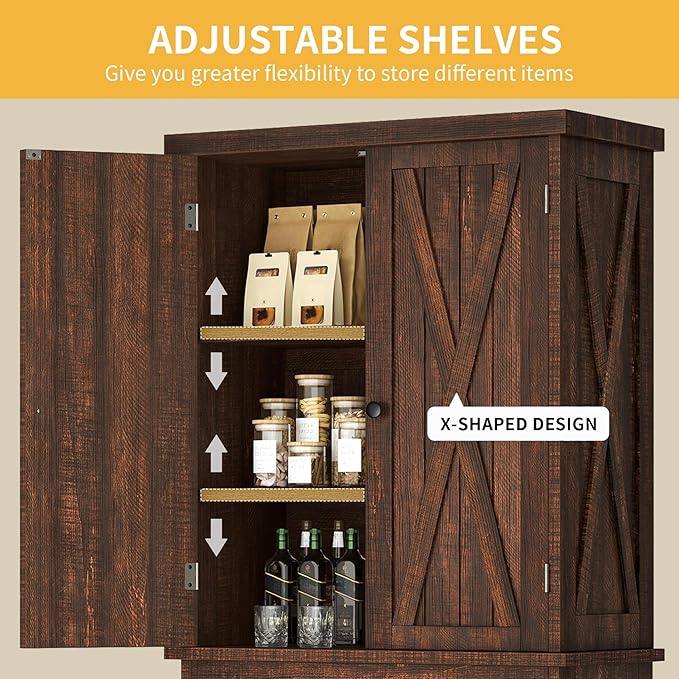 DWVO 72'' Farmhouse Kitchen Pantry, Rustic Wood Kitchen Storage Cabinets with Adjustable Shelves & Drawer, Tall Freestanding Cupboard for Dining Room, Living Room, Drak Brown