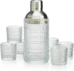 Glaver's Cocktail Shaker Set, Glass 15.2 oz Shaker, 6 Hobnail Shot Glasses, Stainless Steel Strainer Cap,Glass Shaker Set for Bars. Dishwasher Safe
