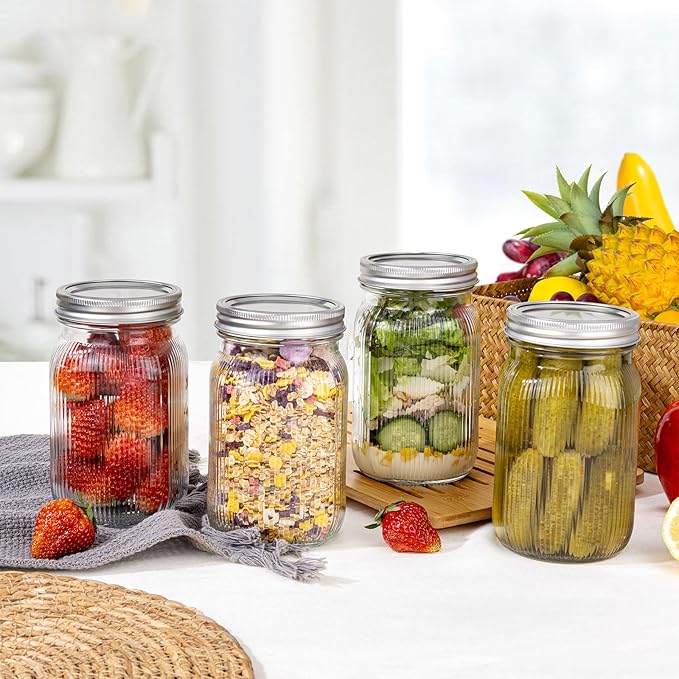 LUODA MirthMood 32 OZ Wide Mouth Mason Jars, 4 PACK Glass Mason Jars with airtight Lids, Quart mason jars wide mouth for Fermenting, Pickling, Freezing, Preserving, Meal Prep, Jar Décor