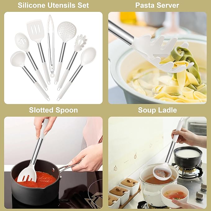 E-far Silicone Cooking Utensils Set, 7 Pcs Heat Resistant Kitchen Utensils with Stainless Steel Handle, Slotted Turner, Spoon, Soup Ladle, Pasta Server, Skimmer, Tongs for Nonstick Cookware, White