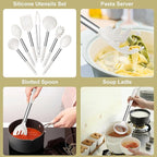 E-far Silicone Cooking Utensils Set, 7 Pcs Heat Resistant Kitchen Utensils with Stainless Steel Handle, Slotted Turner, Spoon, Soup Ladle, Pasta Server, Skimmer, Tongs for Nonstick Cookware, White