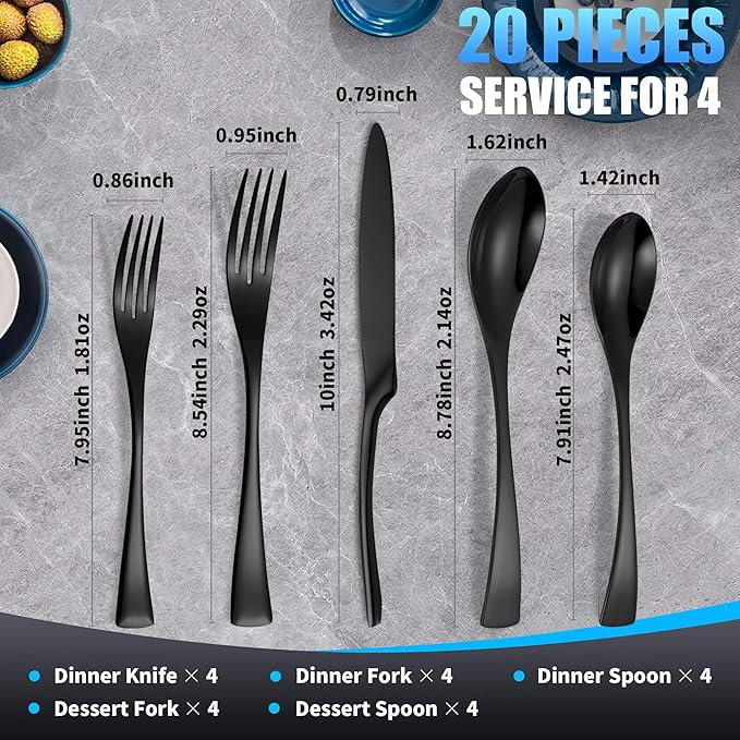 Lemeya 20-Piece Black Silverware Set for 4,Heavy Duty 18/10 Stainless Steel Flatware Set with Forged Stand Knife,Modern Cutlery Utensil Set,Forks Spoons and Knives Set,Mirror Polished,Dishwasher Safe