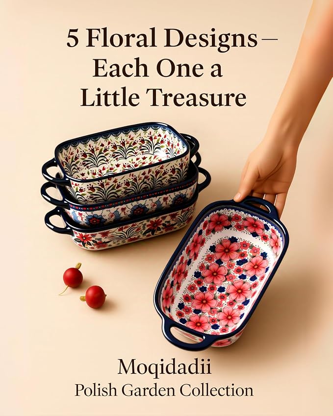 Ceramic Baking Dish Set of 2 – Decorative Polish Pottery Style Casserole Dishes with Handles, Cute Oven-Safe Lasagna Bakeware Gift Set