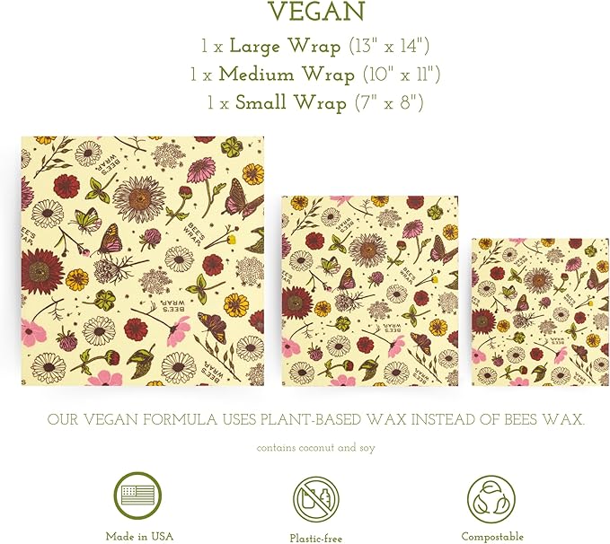 Bee's Wrap Vegan Beeswax Wraps for Food - Vegan Meadow Magic 3 Pack (S, M, L) Made in USA Reusable & Organic Food Wraps, Sandwich Wrap & Bowl Covers - Eco Alternative to Aluminum Foil & Plastic Wrap