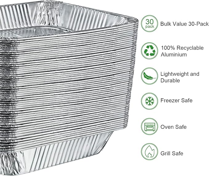 GrillChef Aluminum Foil Pans, Disposable 9x13 Baking Pans, 30 Pack Tin Foil Holders Half Size for Cake, Steam Table, Cooking, Heating, Storing, Aluminum Trays Heavy Duty