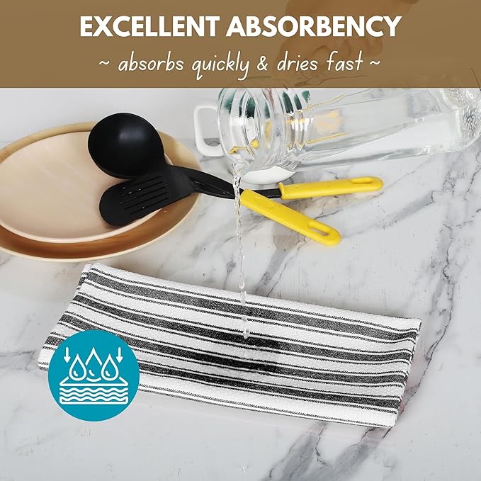Native Fab 100% Cotton Striped Kitchen Towels - Set of 12-16"x26"- Basket Weave Stripe Dish Towels for Quick Drying, Absorbent Kitchen Wash Cloths Set with Hanging Loop - Black