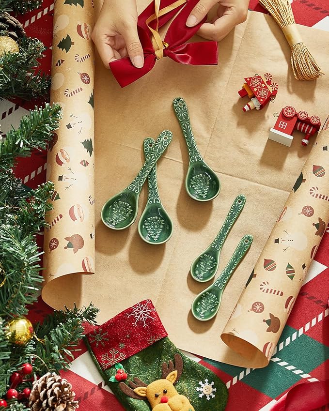 Christmas Tree Spoons, Ceramic Small Serving Spoons for Soups, Cereal, Ice Cream, Condiments, Dips, Charcuterie Boards, Dishwasher & Microwave Safe, Green, Set of 6