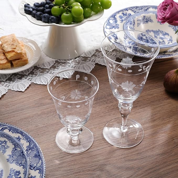 Premium Delight Wine Glasses Set of 4, 14.5 oz – Hand-Blown with Etched Long Stem, Classic Glassware for Weddings, Dinners, and Holiday Gifting (Vintage Wine Glasses)