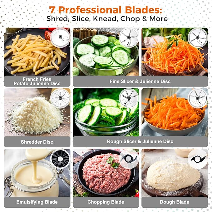 Homtone 16 Cup Food Processor, 9 Functions 7 Blades 3 Speeds for Shredding, Slicing, Doughing, Emulsfying and Meat Vegetable Chopping for Home Use, 600W (Sliver)