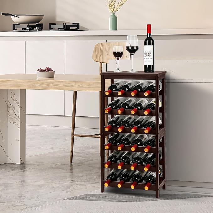 VASMIA Wine Rack Free Standing Floor, 6-Tier Display Wine Storage Shelves with Table Top, 24-Bottle Bamboo Wine Rack Shelf for Kitchen Bar Dining Room Living Room, Brown