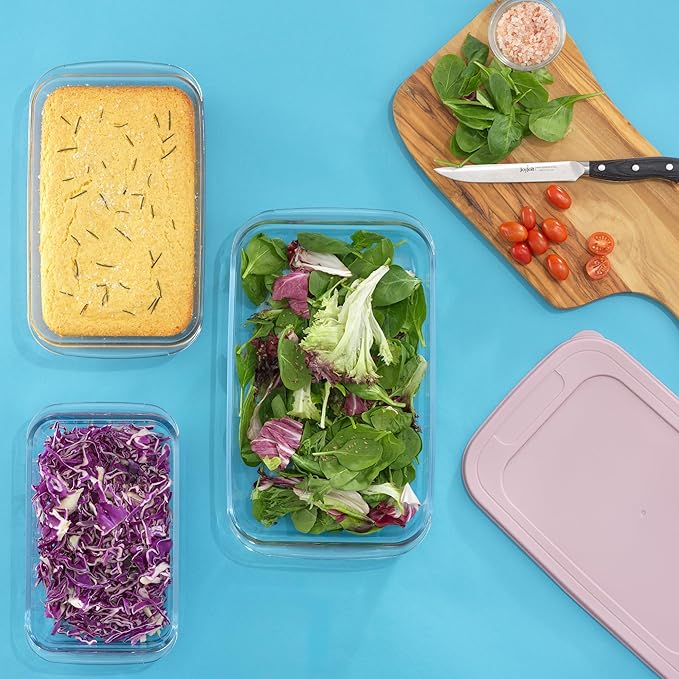 JoyJolt 8-Piece Borosilicate Glass Oven Dishes with Blushy Pink Lids, Rectangle Deep Glass Baking Dish Set, Baking Pans for Lasagna Casserole Cake, Bakeware Set, Freezer to Oven Tray to Dishwasher