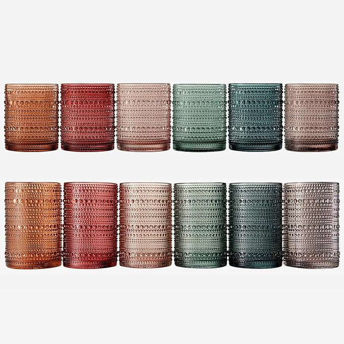 Khen Hobnail Beaded Highball Drinking Tumbler Glasses | Set of 12 | Color, Vintage Bubble Design Whiskey Glassware, Old-Fashioned, Embossed Design for Water, Wine, Cocktail Embossed, Rocks Glass