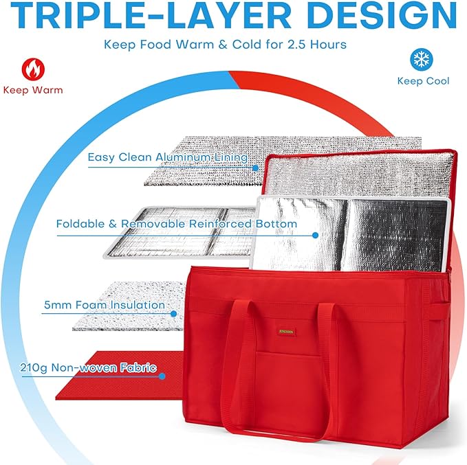 JUNGYOON 2-Pack Heavy-Duty Insulated Grocery Bags & Food Delivery Bag – Collapsible Cooler Bag with Zippered Top | Reusable Shopping Bags for Groceries, Picnics, Easy Storage(XL Red)