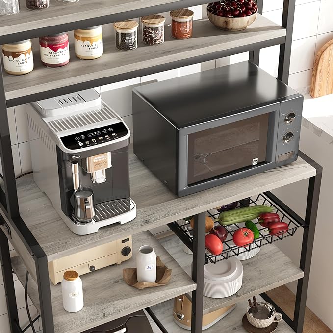 GarveeHome Microwave Stand Bakers Rack with Power Outlet, Kitchen Baker Rack with Wire Basket, 6-Tier Large Freestanding Utility Storage Shelf for Kitchen Dining Living Room, Rustic Gray