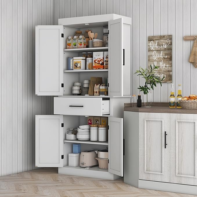 HOMCOM 72" Tall Kitchen Pantry Cabinet with Adjustable Shelves, Farmhouse Storage Cabinet with Barn Doors, Drawer and 5-Tier Shelf, Freestanding Cupboard, White